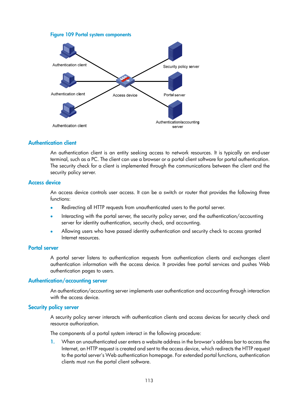 Authentication client, Access device, Portal server | Authentication/accounting server, Security policy server | H3C Technologies H3C SecPath F1000-E User Manual | Page 123 / 273