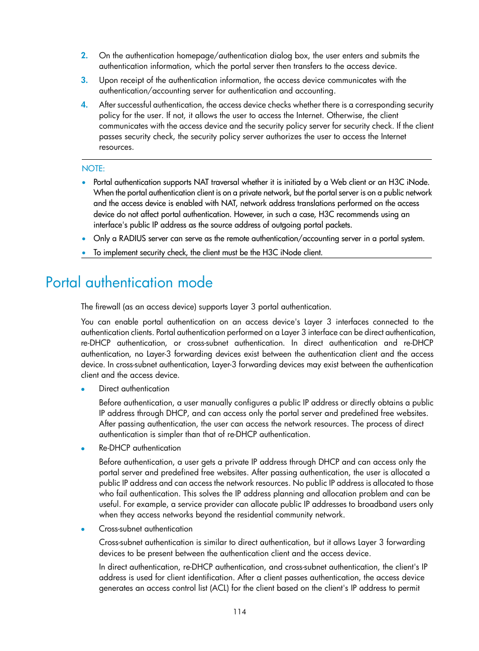 Portal authentication mode | H3C Technologies H3C SecPath F1000-E User Manual | Page 124 / 273