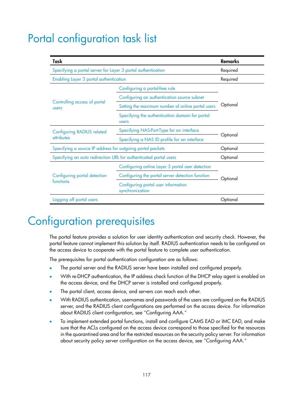 Portal configuration task list, Configuration prerequisites | H3C Technologies H3C SecPath F1000-E User Manual | Page 127 / 273