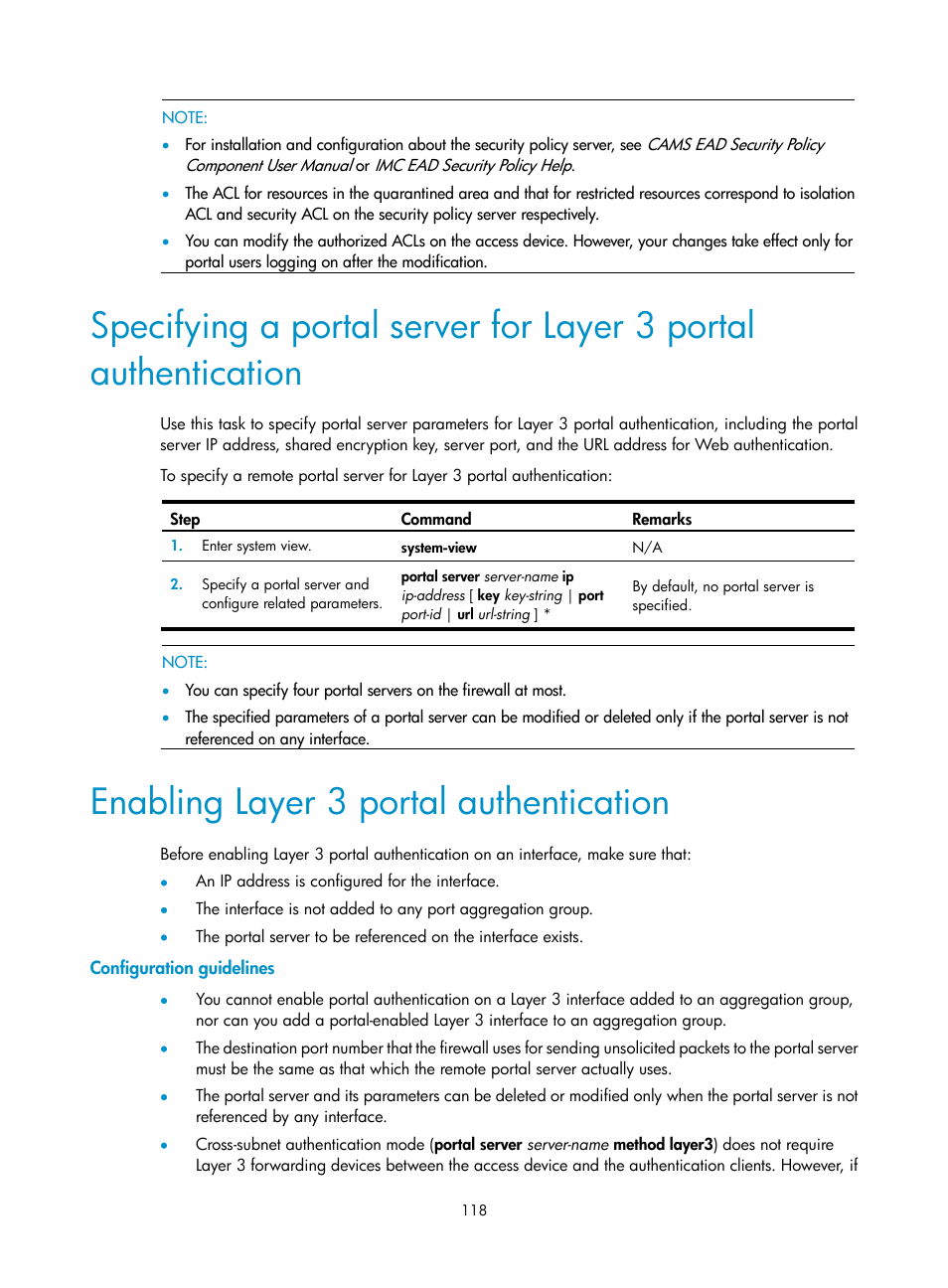 Enabling layer 3 portal authentication, Configuration guidelines | H3C Technologies H3C SecPath F1000-E User Manual | Page 128 / 273