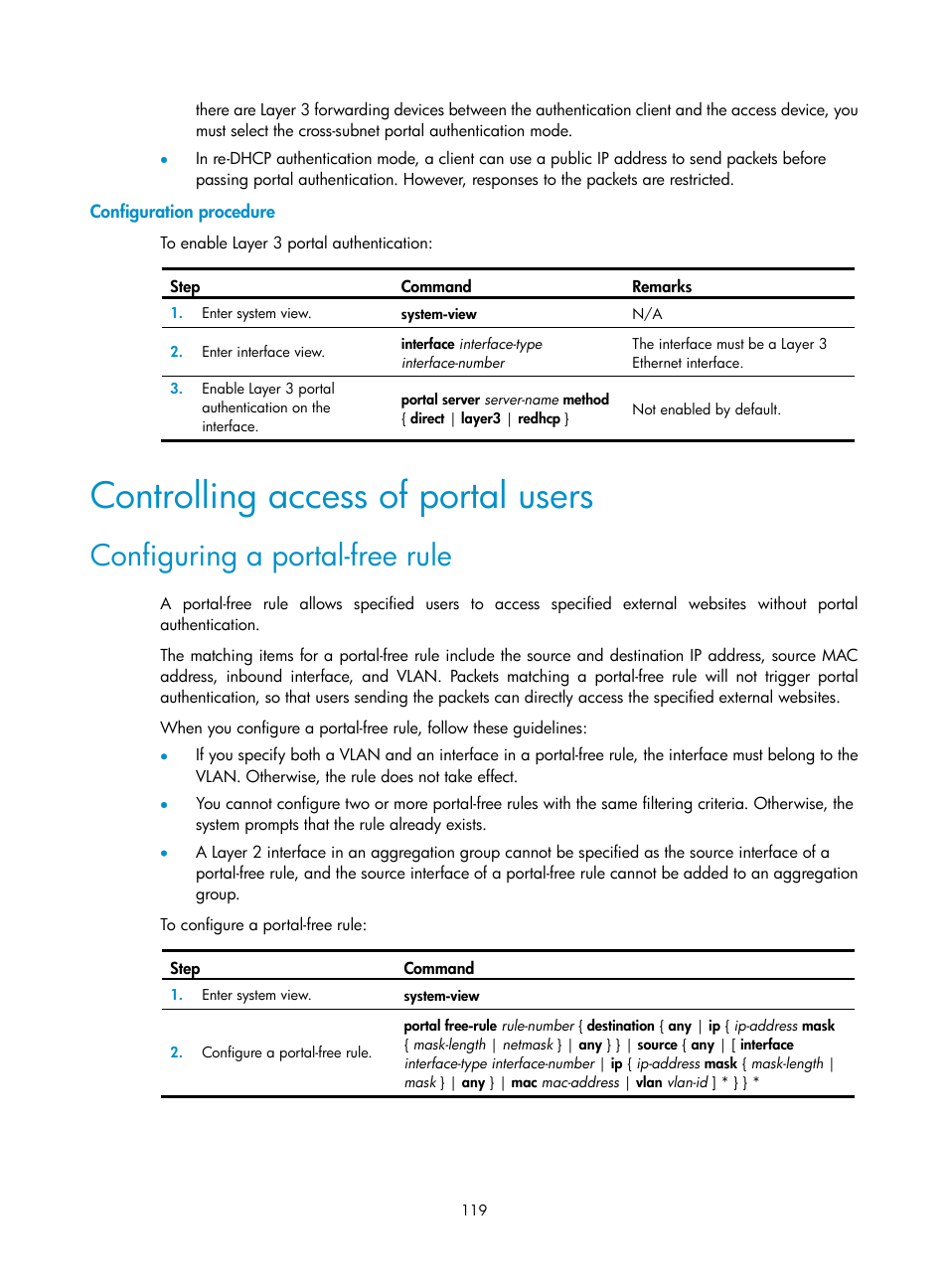 Configuration procedure, Controlling access of portal users, Configuring a portal-free rule | H3C Technologies H3C SecPath F1000-E User Manual | Page 129 / 273