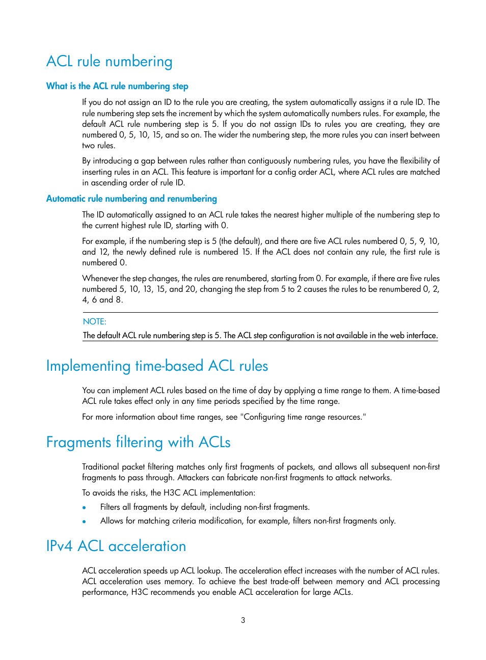 Acl rule numbering, What is the acl rule numbering step, Automatic rule numbering and renumbering | Implementing time-based acl rules, Fragments filtering with acls, Ipv4 acl acceleration | H3C Technologies H3C SecPath F1000-E User Manual | Page 13 / 273