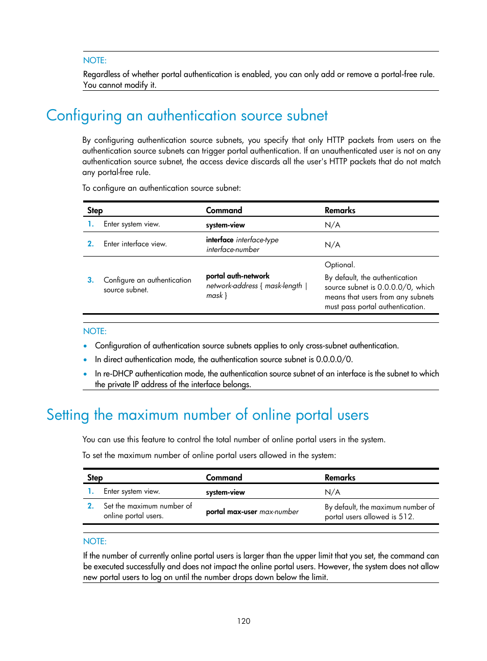 Configuring an authentication source subnet, Setting the maximum number of online portal users | H3C Technologies H3C SecPath F1000-E User Manual | Page 130 / 273