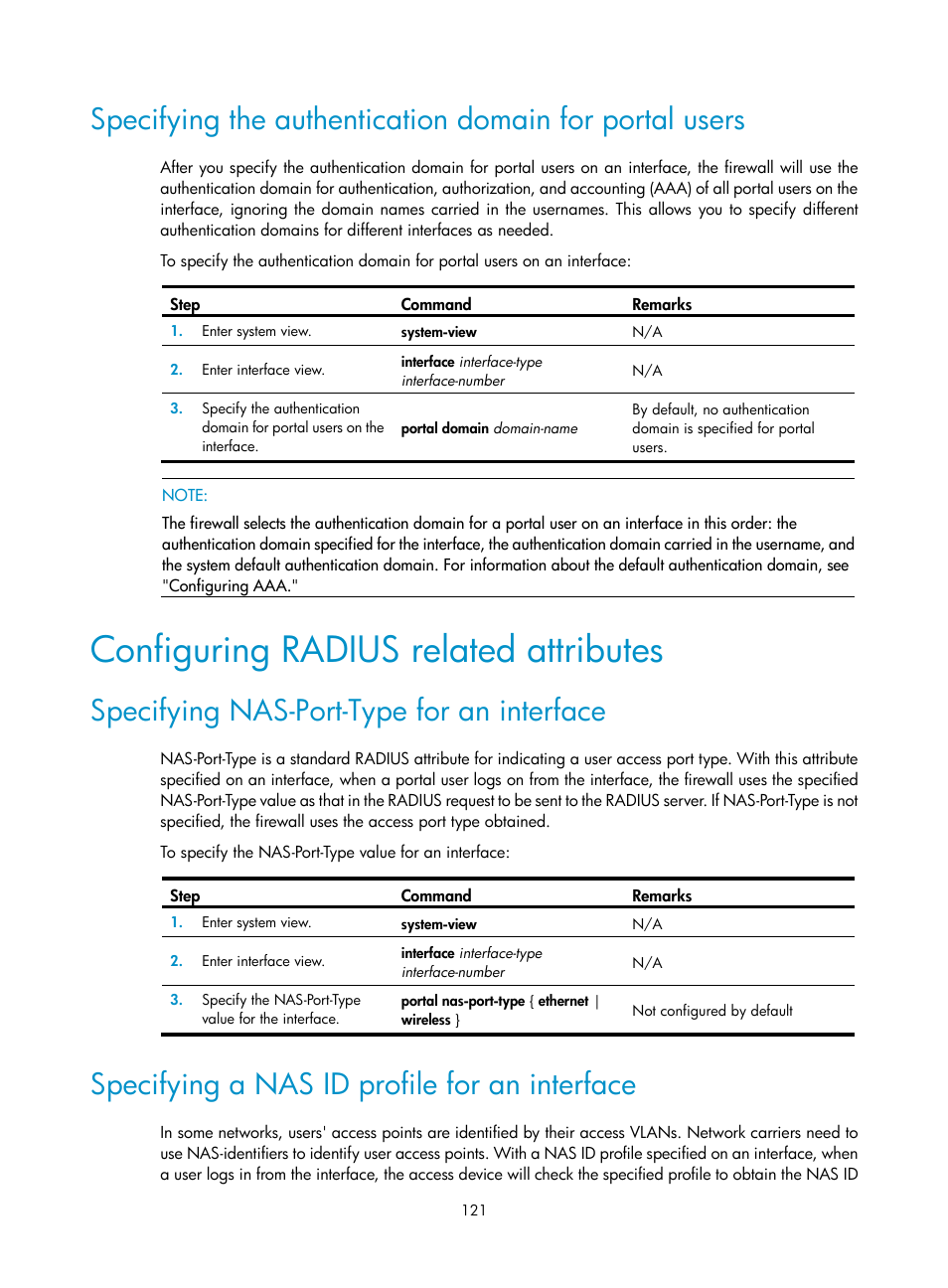 Configuring radius related attributes, Specifying nas-port-type for an interface, Specifying a nas id profile for an interface | H3C Technologies H3C SecPath F1000-E User Manual | Page 131 / 273