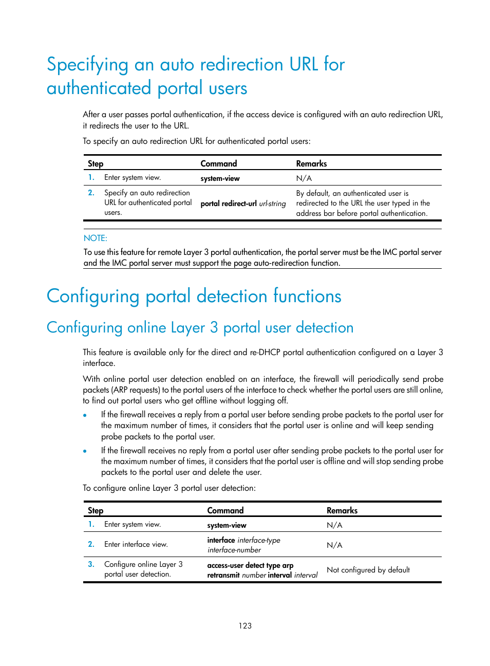 Configuring portal detection functions, Configuring online layer 3 portal user detection | H3C Technologies H3C SecPath F1000-E User Manual | Page 133 / 273