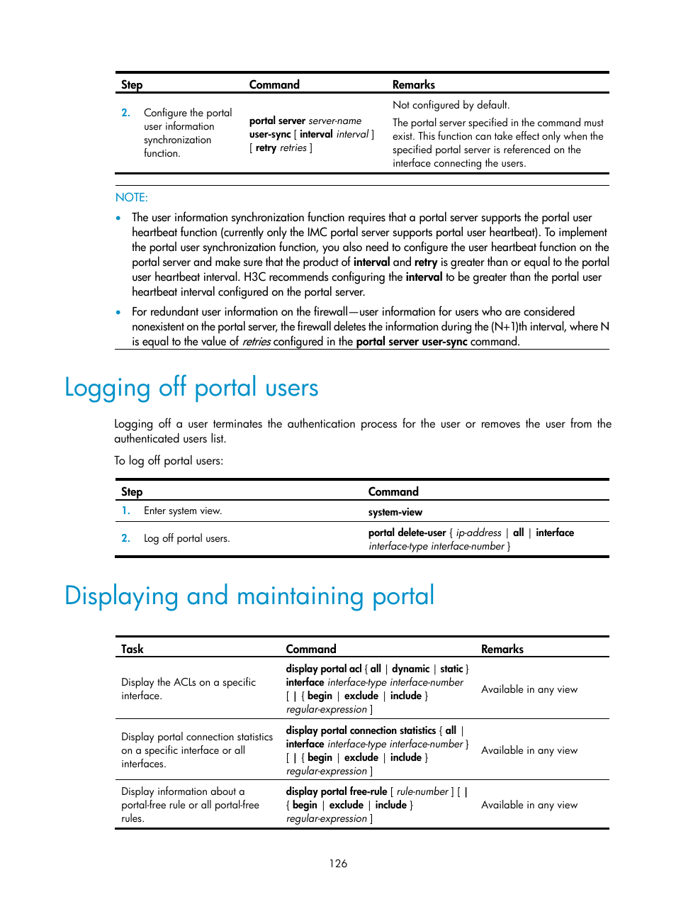 Logging off portal users, Displaying and maintaining portal | H3C Technologies H3C SecPath F1000-E User Manual | Page 136 / 273