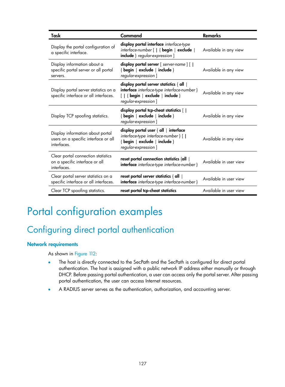 Portal configuration examples, Configuring direct portal authentication, Network requirements | H3C Technologies H3C SecPath F1000-E User Manual | Page 137 / 273