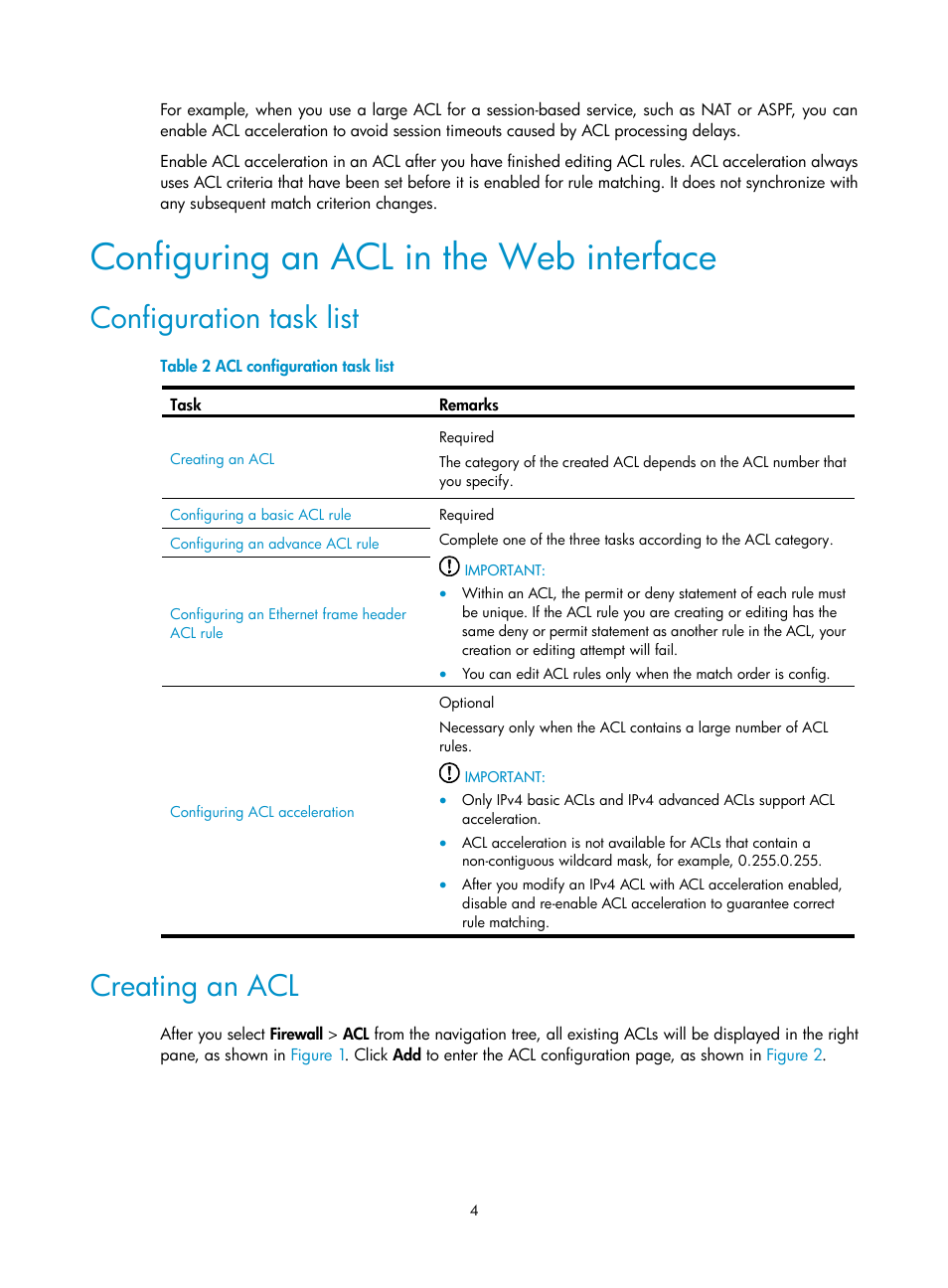 Configuring an acl in the web interface, Configuration task list, Creating an acl | H3C Technologies H3C SecPath F1000-E User Manual | Page 14 / 273