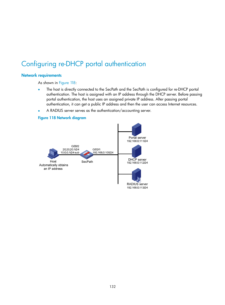 Configuring re-dhcp portal authentication, Network requirements | H3C Technologies H3C SecPath F1000-E User Manual | Page 142 / 273