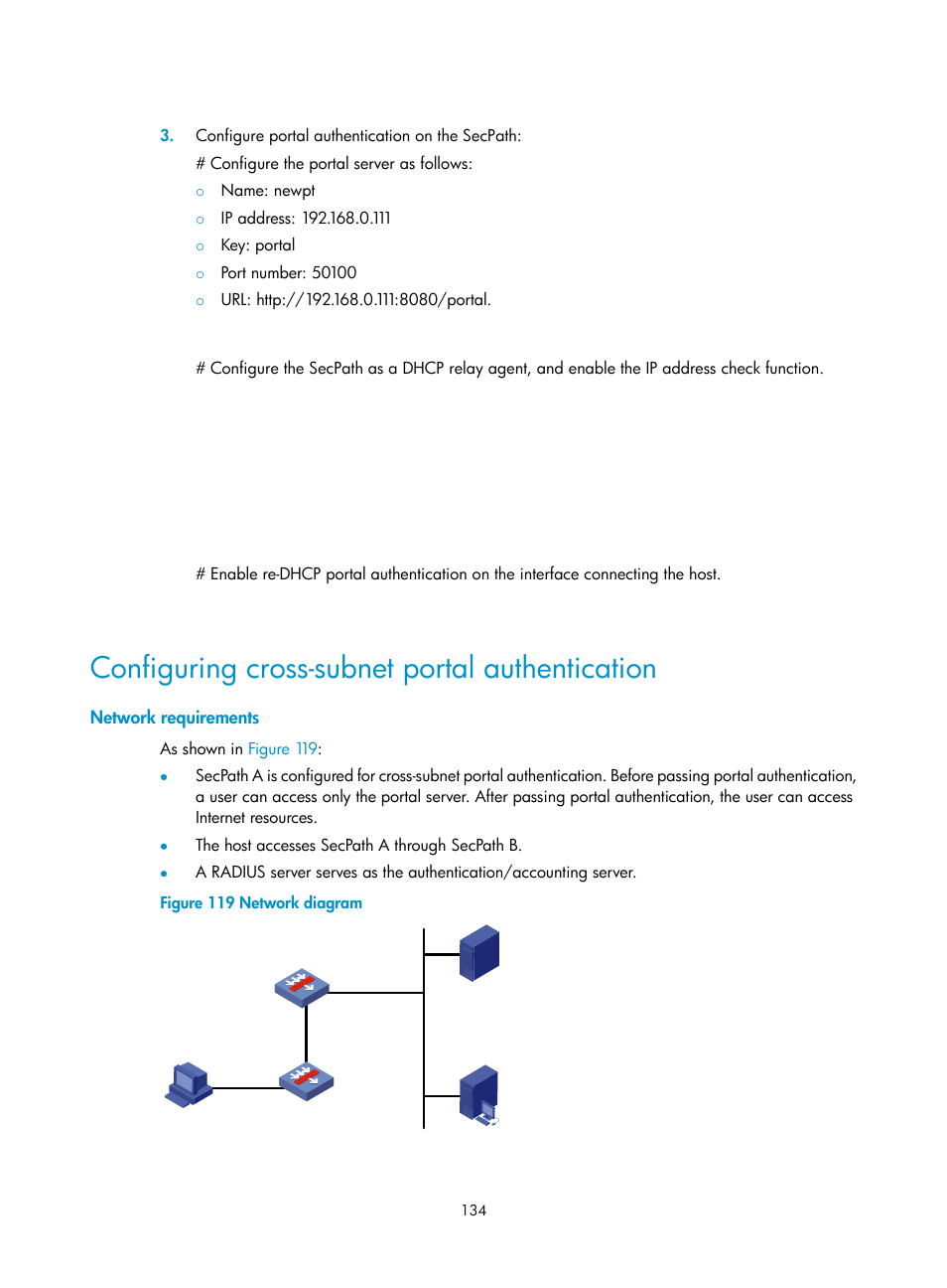 Configuring cross-subnet portal authentication, Network requirements | H3C Technologies H3C SecPath F1000-E User Manual | Page 144 / 273