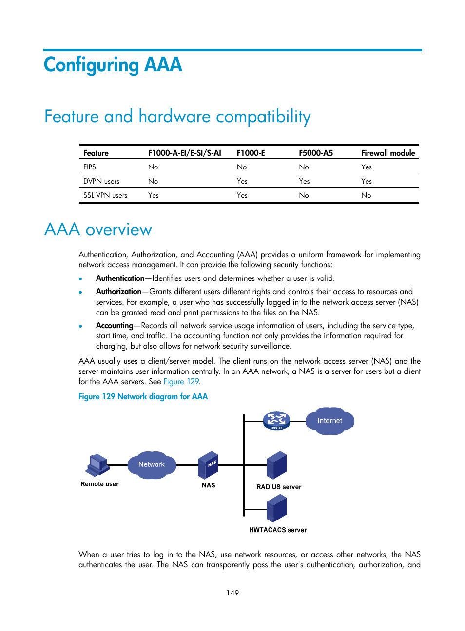 Configuring aaa, Feature and hardware compatibility, Aaa overview | H3C Technologies H3C SecPath F1000-E User Manual | Page 159 / 273