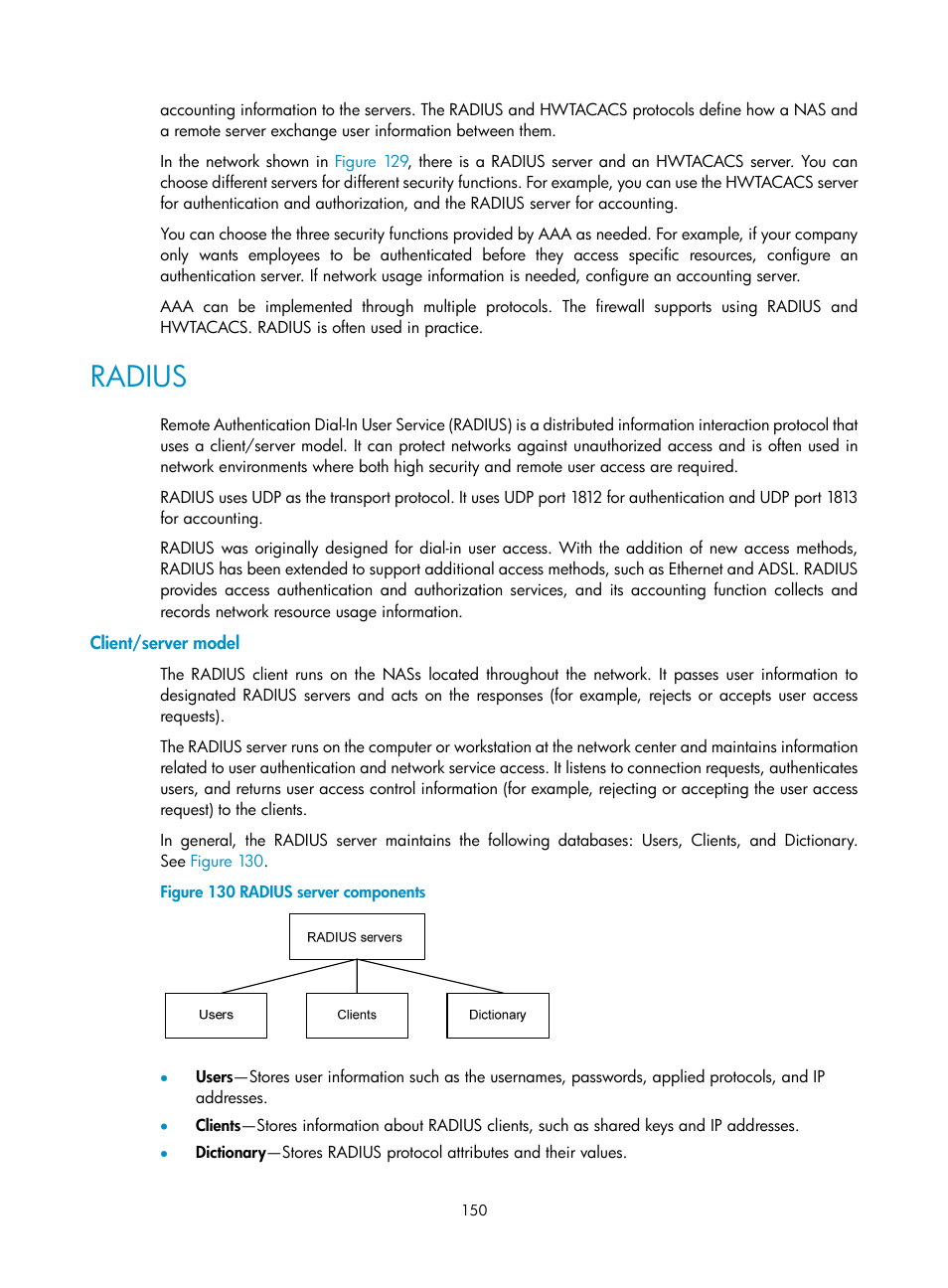 Radius, Client/server model | H3C Technologies H3C SecPath F1000-E User Manual | Page 160 / 273