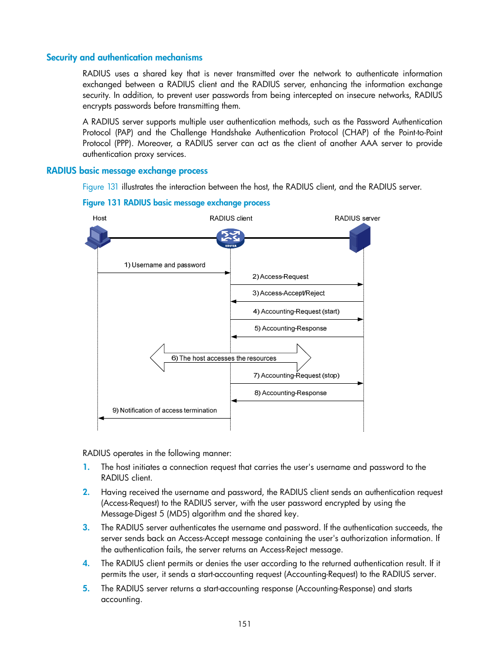 Security and authentication mechanisms, Radius basic message exchange process | H3C Technologies H3C SecPath F1000-E User Manual | Page 161 / 273