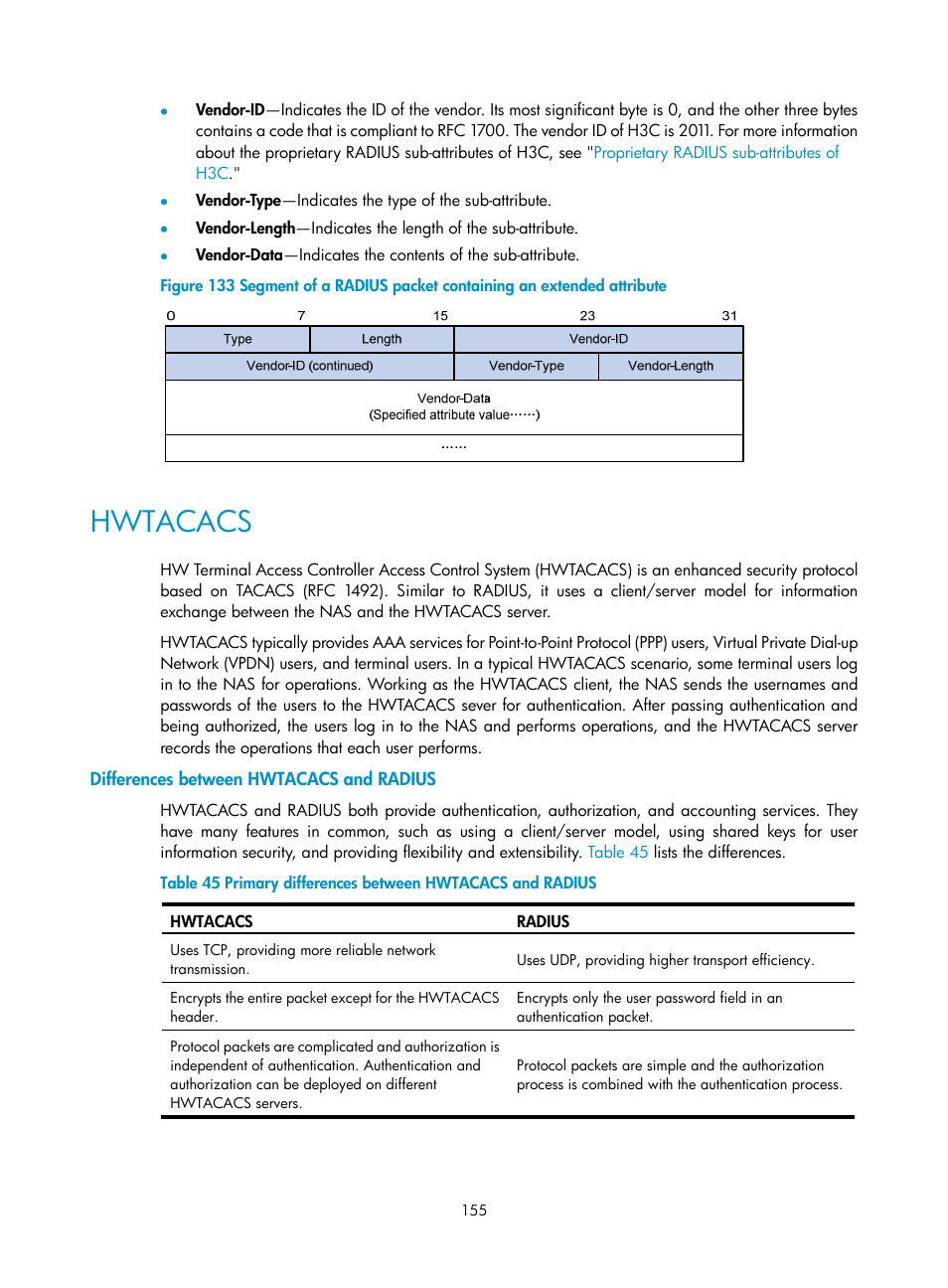 Hwtacacs, Differences between hwtacacs and radius, Figure 133 | H3C Technologies H3C SecPath F1000-E User Manual | Page 165 / 273