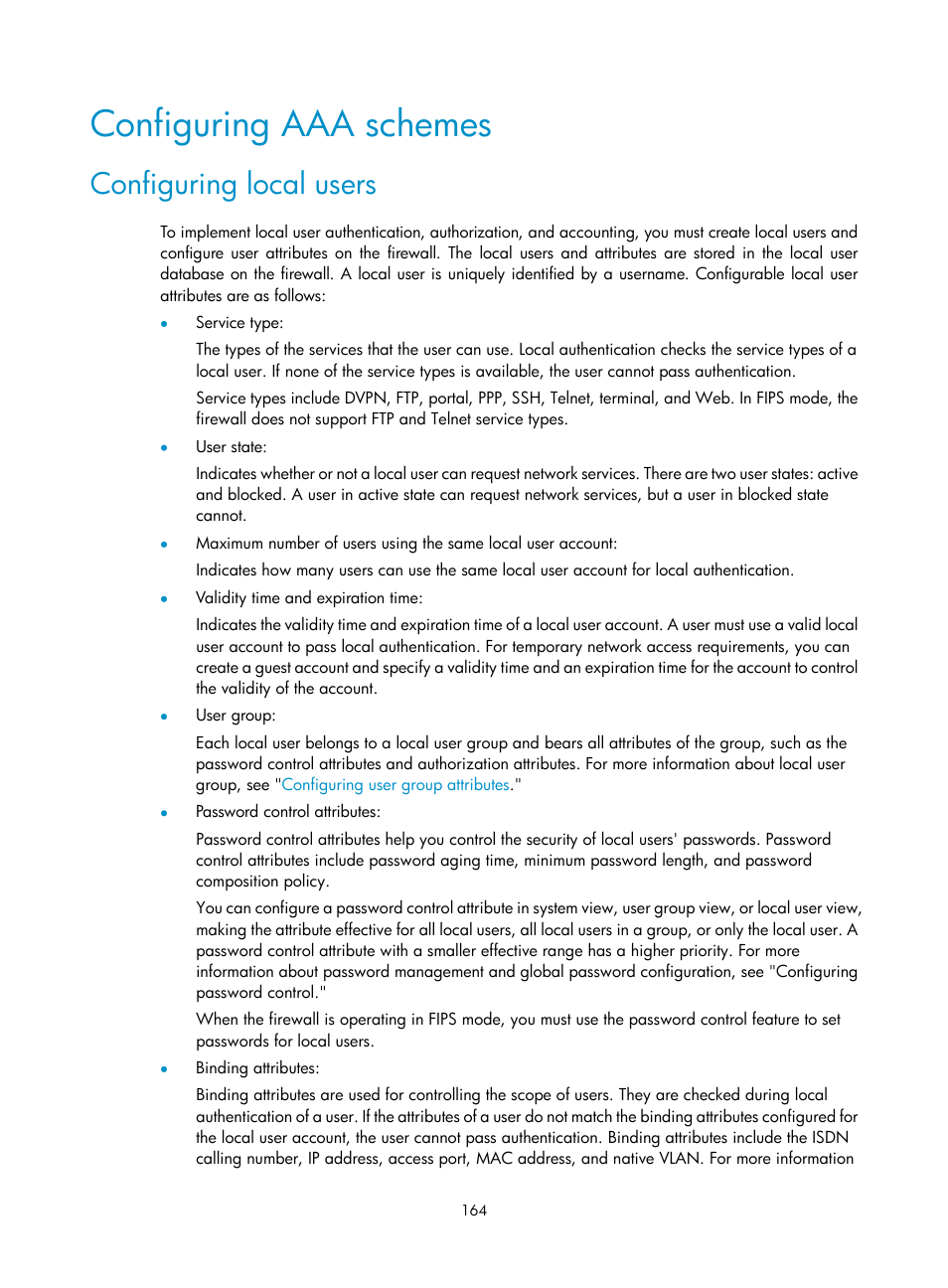 Configuring aaa schemes, Configuring local users | H3C Technologies H3C SecPath F1000-E User Manual | Page 174 / 273