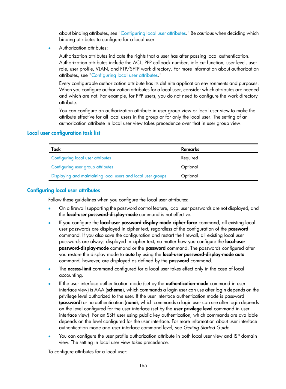 Local user configuration task list, Configuring local user attributes | H3C Technologies H3C SecPath F1000-E User Manual | Page 175 / 273