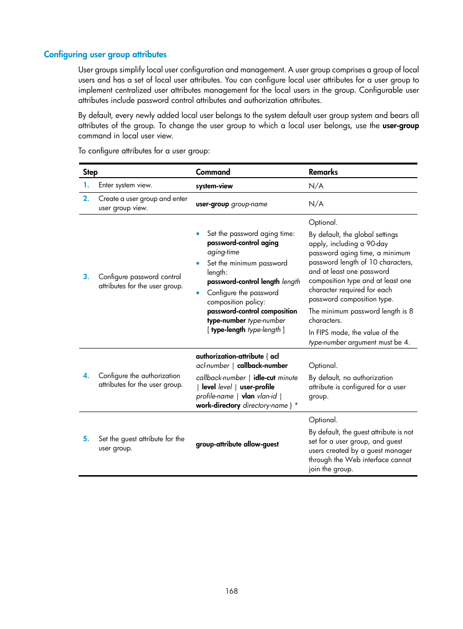 Configuring user group attributes | H3C Technologies H3C SecPath F1000-E User Manual | Page 178 / 273