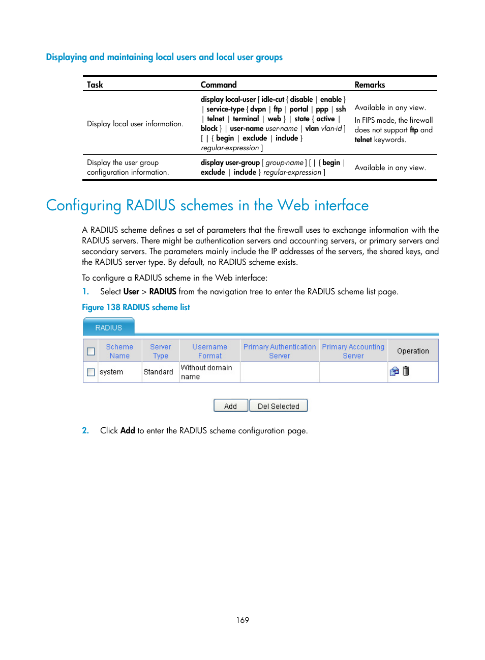 Configuring radius schemes in the web interface | H3C Technologies H3C SecPath F1000-E User Manual | Page 179 / 273