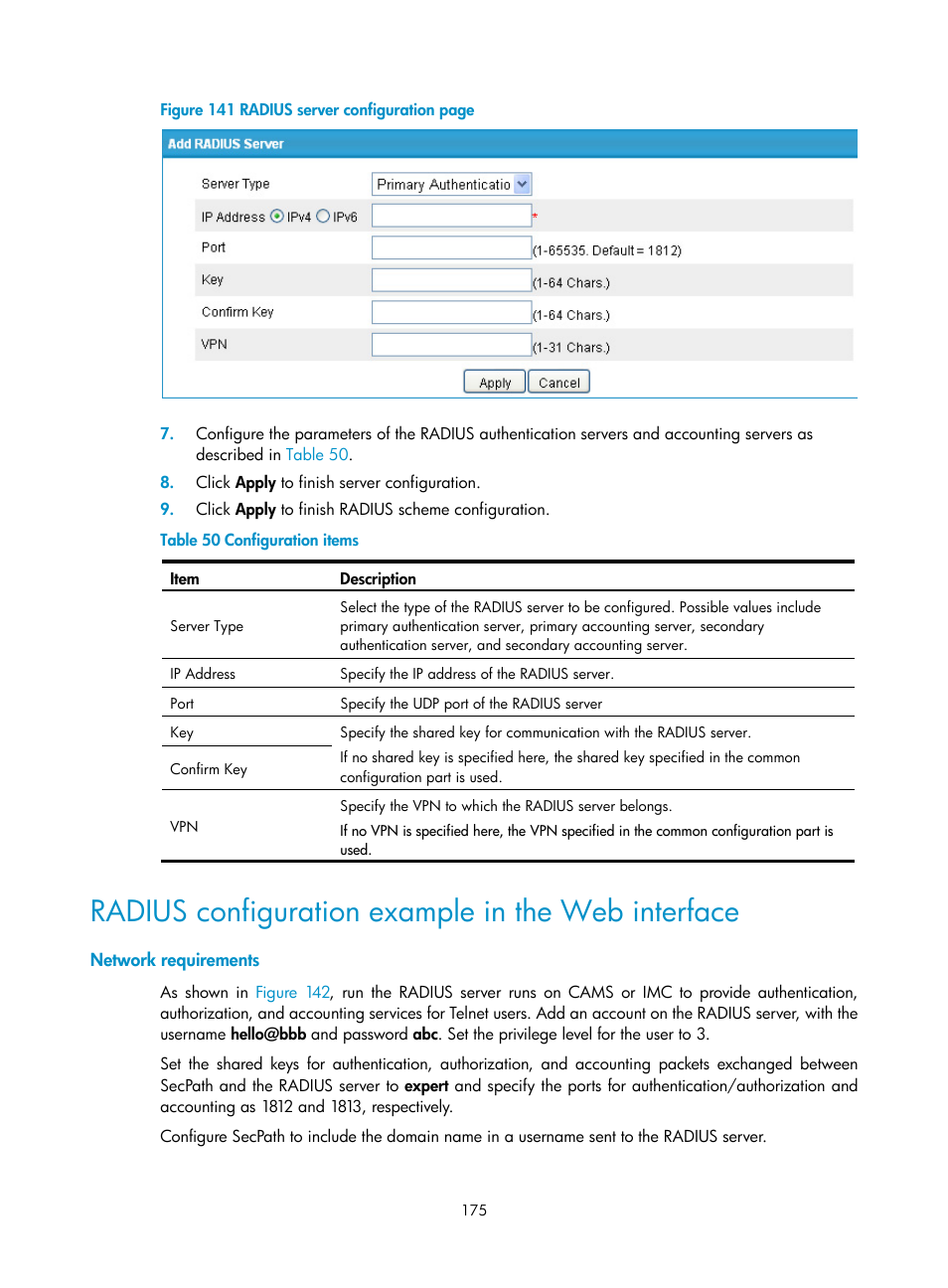 Radius configuration example in the web interface, Network requirements | H3C Technologies H3C SecPath F1000-E User Manual | Page 185 / 273