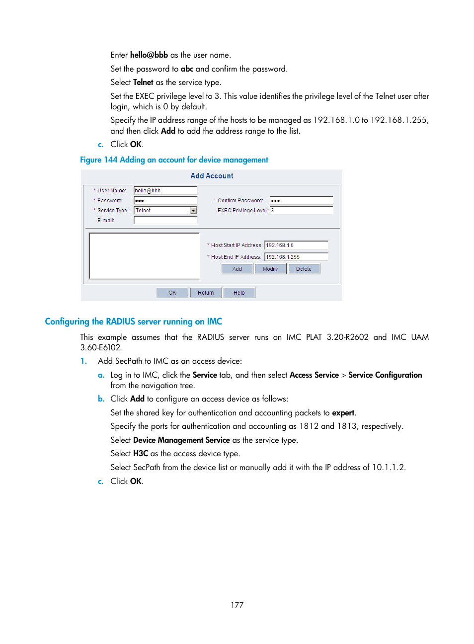 Configuring the radius server running on imc | H3C Technologies H3C SecPath F1000-E User Manual | Page 187 / 273