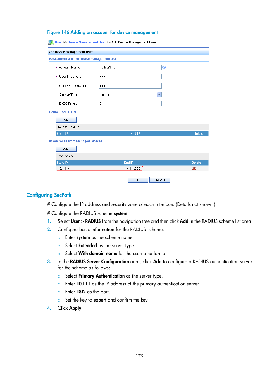 Configuring secpath | H3C Technologies H3C SecPath F1000-E User Manual | Page 189 / 273