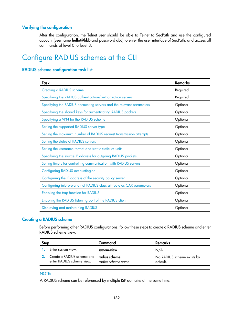 Verifying the configuration, Configure radius schemes at the cli, Radius scheme configuration task list | Creating a radius scheme | H3C Technologies H3C SecPath F1000-E User Manual | Page 192 / 273