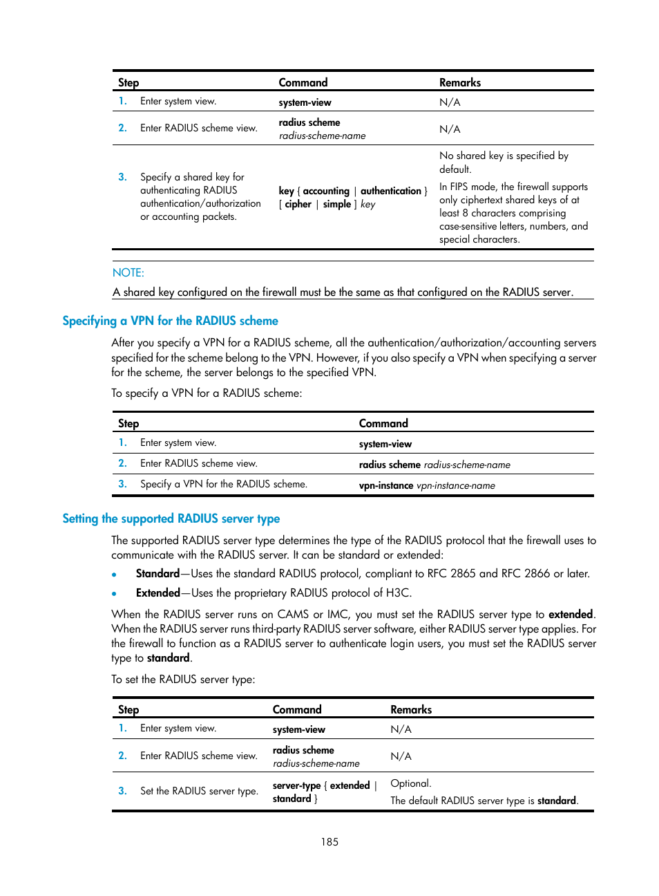 Specifying a vpn for the radius scheme, Setting the supported radius server type | H3C Technologies H3C SecPath F1000-E User Manual | Page 195 / 273