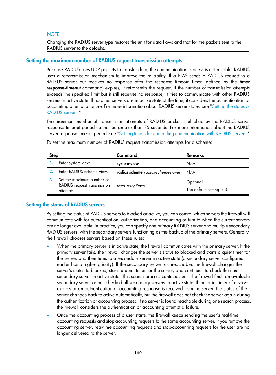 Setting the status of radius servers | H3C Technologies H3C SecPath F1000-E User Manual | Page 196 / 273