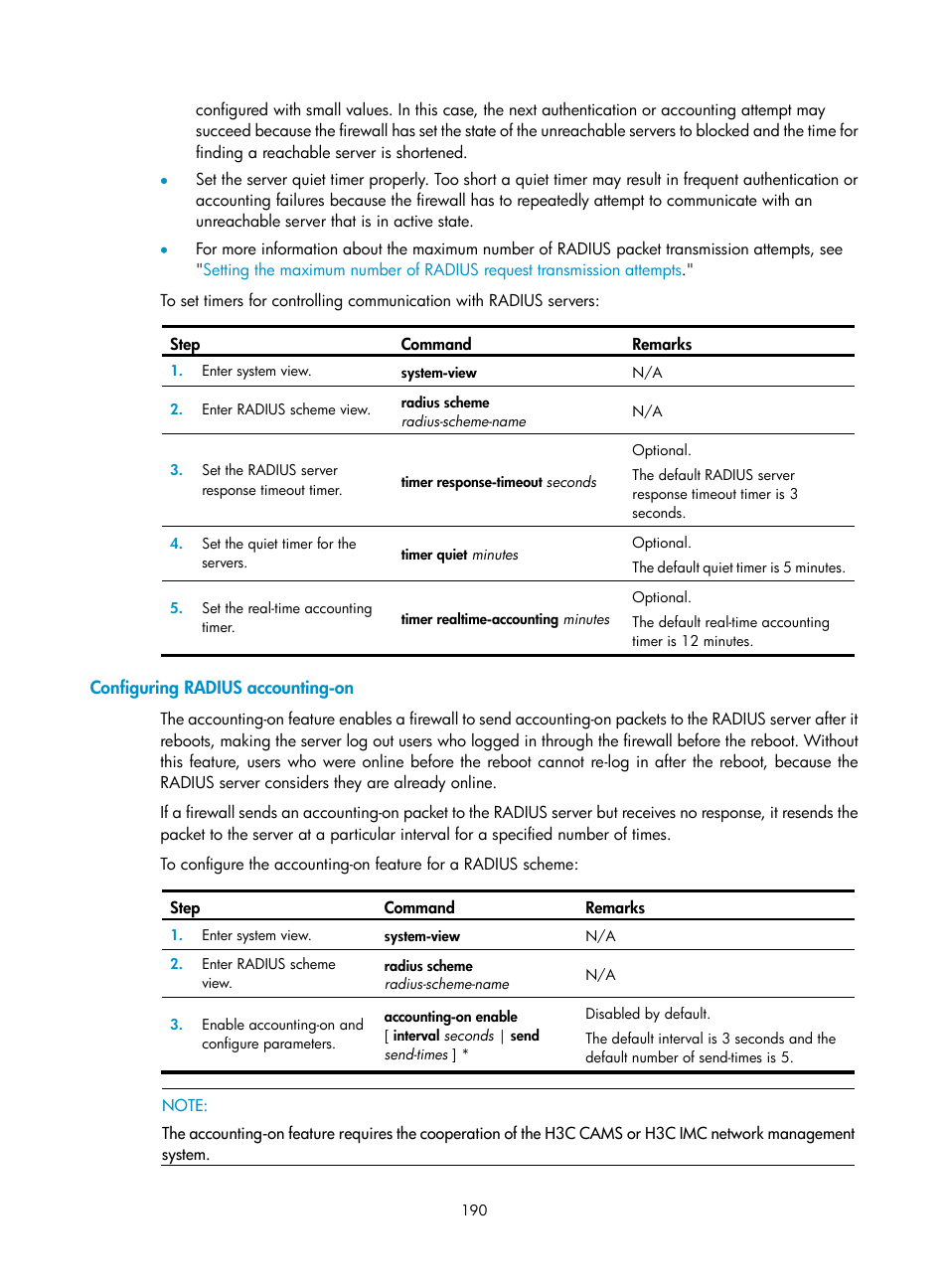 Configuring radius accounting-on | H3C Technologies H3C SecPath F1000-E User Manual | Page 200 / 273