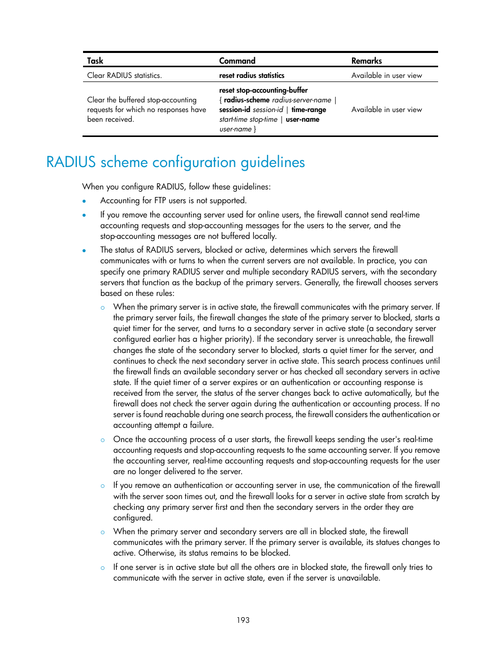 Radius scheme configuration guidelines | H3C Technologies H3C SecPath F1000-E User Manual | Page 203 / 273