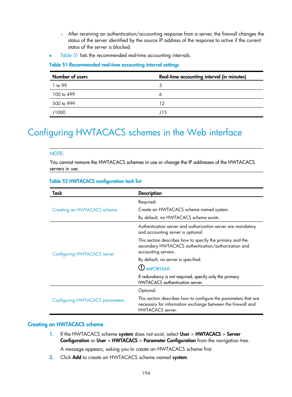 Configuring hwtacacs schemes in the web interface, Creating an hwtacacs scheme | H3C Technologies H3C SecPath F1000-E User Manual | Page 204 / 273