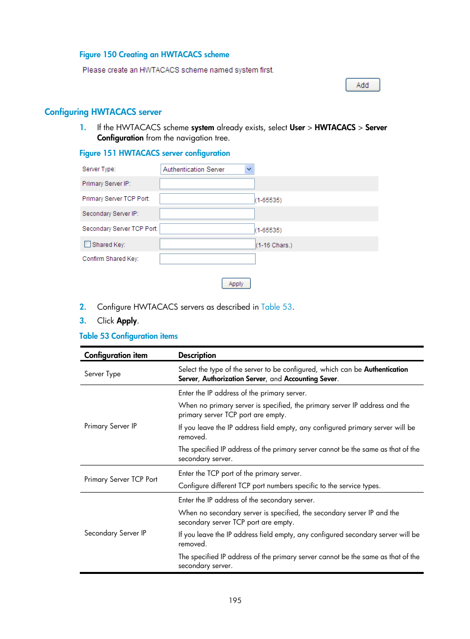 Configuring hwtacacs server | H3C Technologies H3C SecPath F1000-E User Manual | Page 205 / 273