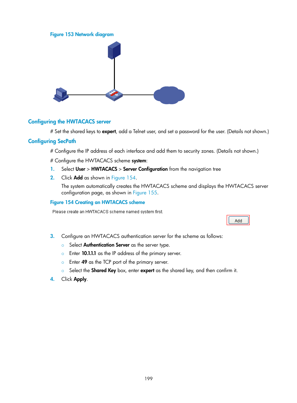 Configuring the hwtacacs server, Configuring secpath | H3C Technologies H3C SecPath F1000-E User Manual | Page 209 / 273