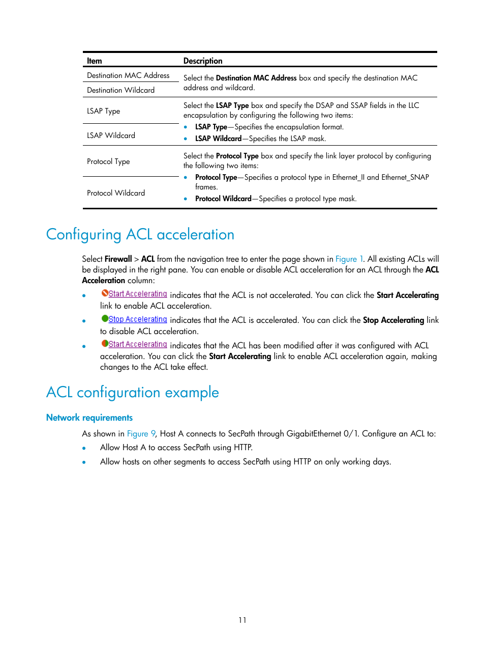 Configuring acl acceleration, Acl configuration example, Network requirements | H3C Technologies H3C SecPath F1000-E User Manual | Page 21 / 273