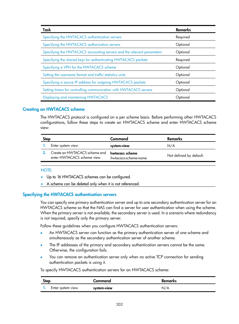 Creating an hwtacacs scheme, Specifying the hwtacacs authentication servers | H3C Technologies H3C SecPath F1000-E User Manual | Page 212 / 273