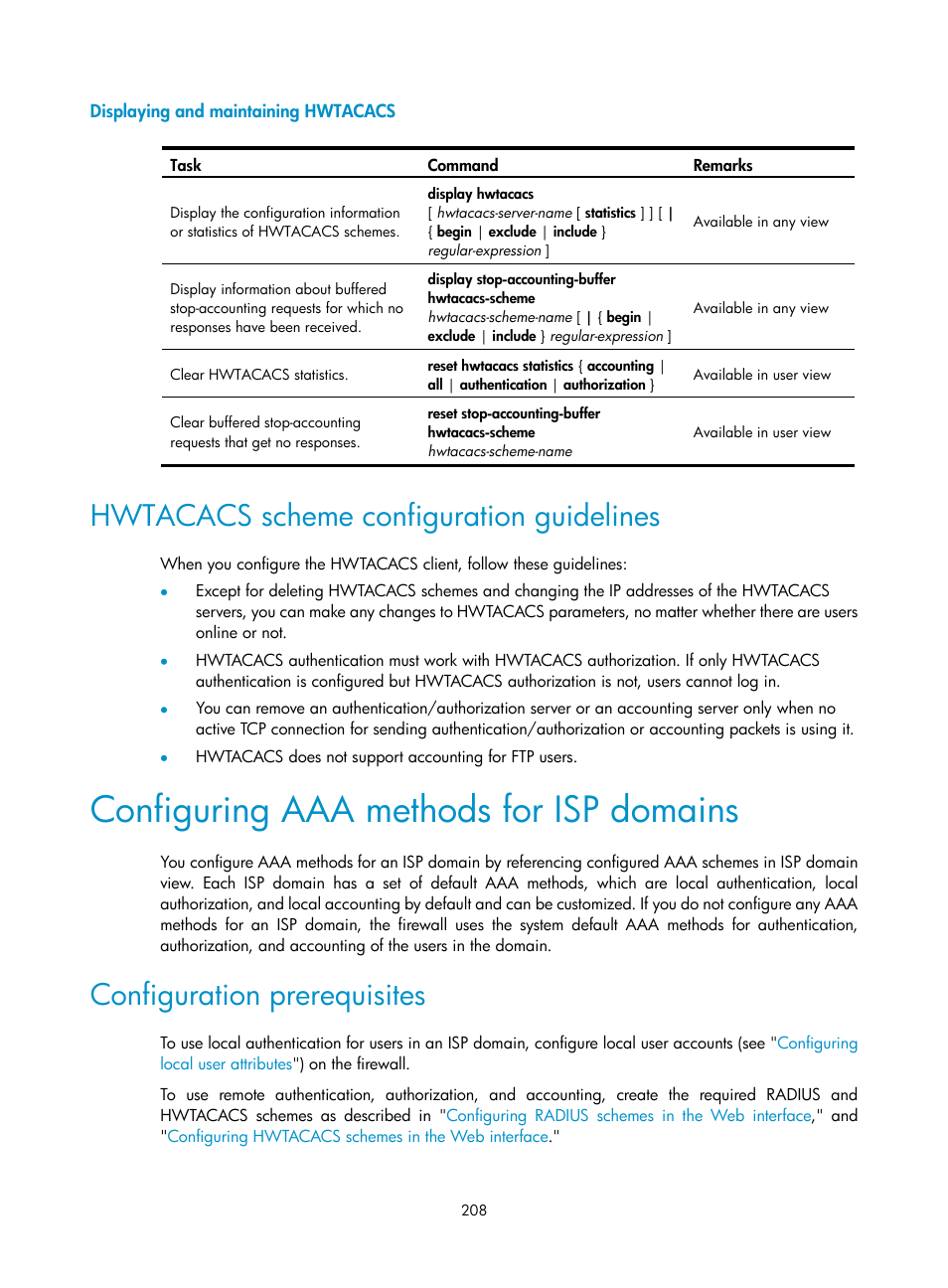 Displaying and maintaining hwtacacs, Hwtacacs scheme configuration guidelines, Configuring aaa methods for isp domains | Configuration prerequisites | H3C Technologies H3C SecPath F1000-E User Manual | Page 218 / 273