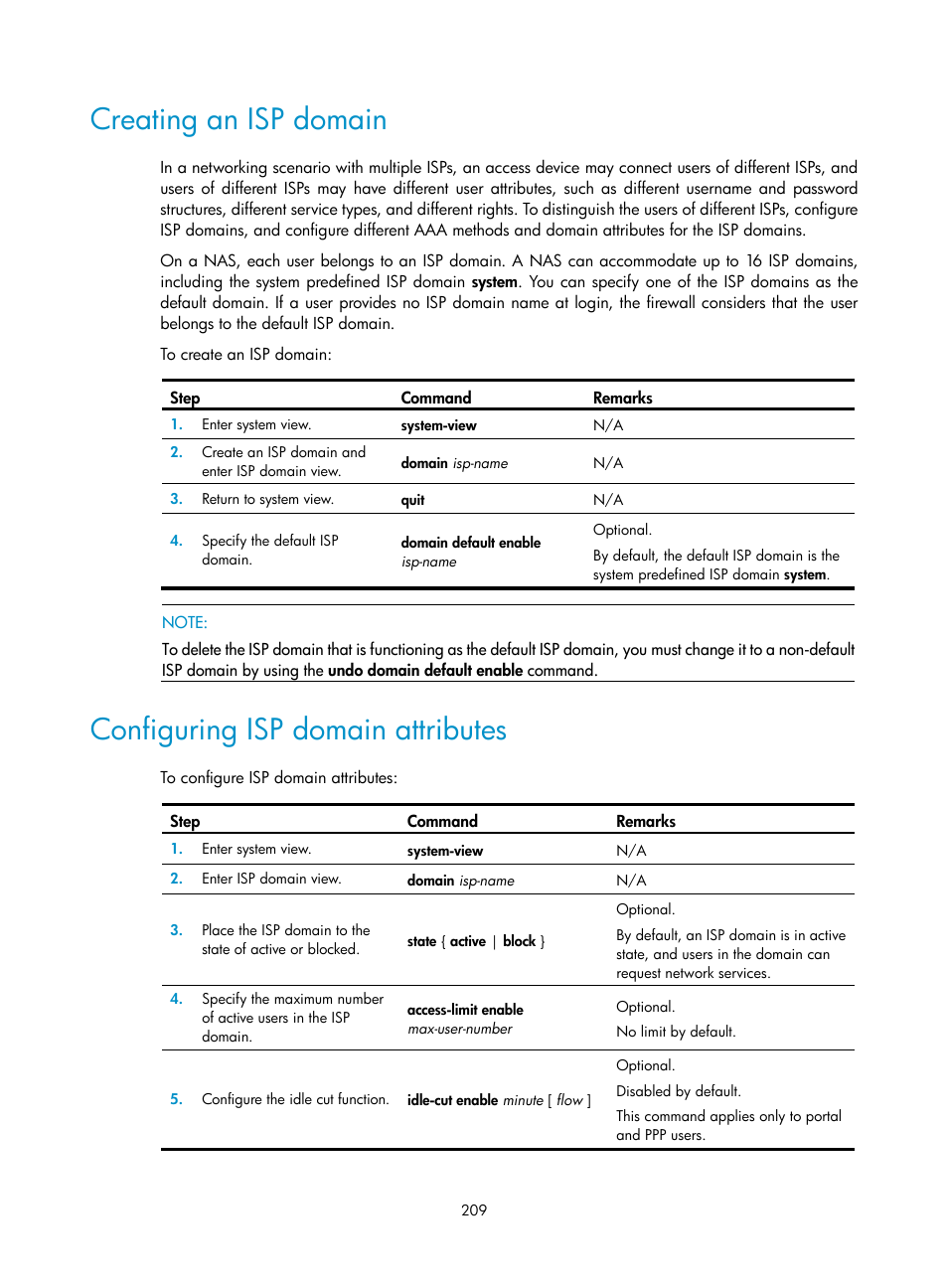 Creating an isp domain, Configuring isp domain attributes | H3C Technologies H3C SecPath F1000-E User Manual | Page 219 / 273