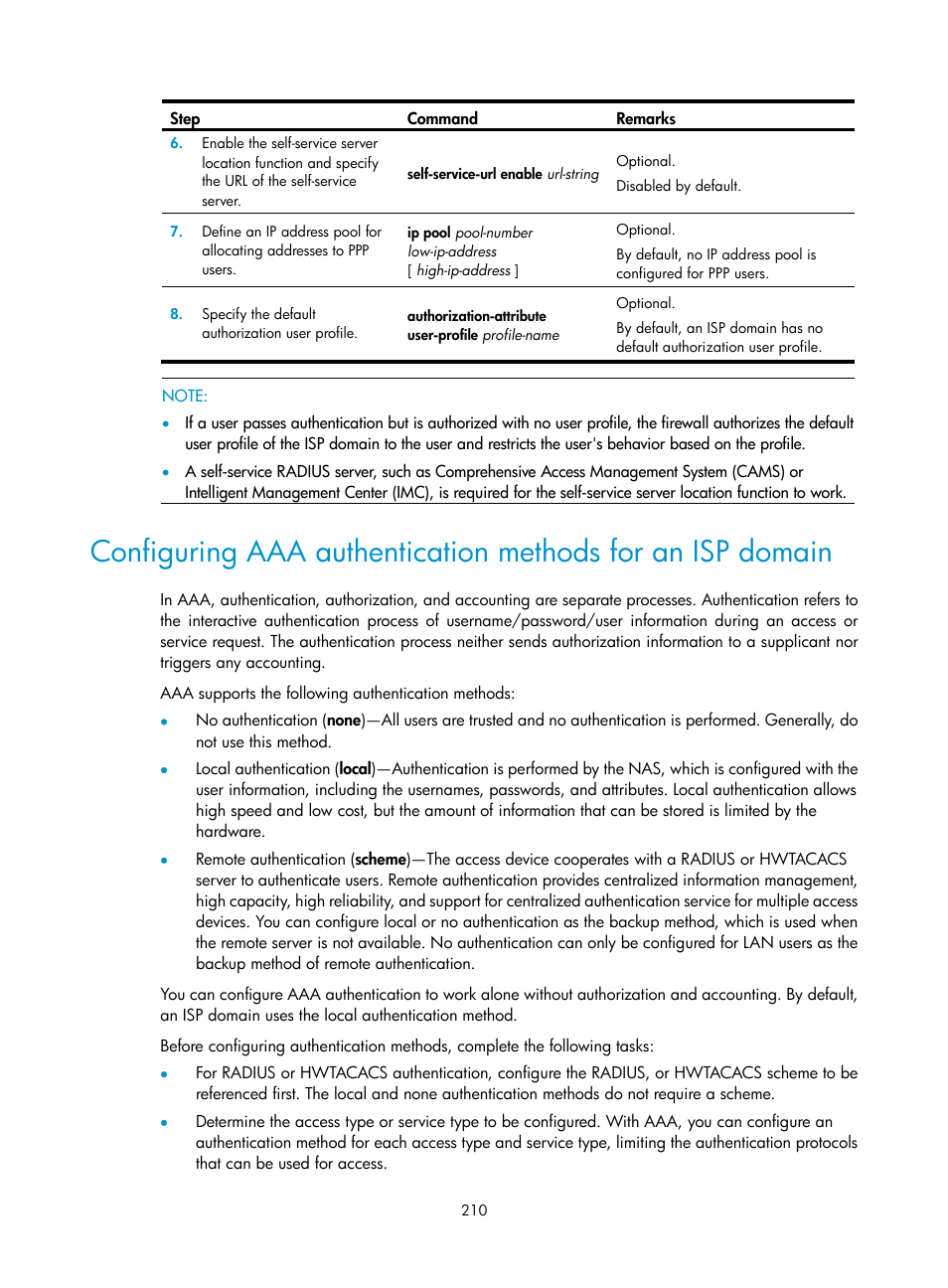 Configuring aaa authentication methods for, An isp domain | H3C Technologies H3C SecPath F1000-E User Manual | Page 220 / 273
