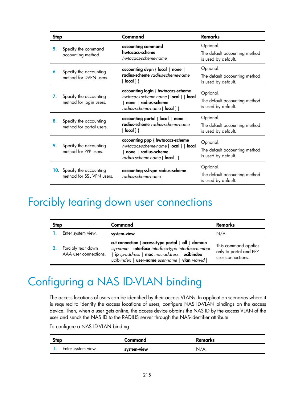 Forcibly tearing down user connections, Configuring a nas id-vlan binding | H3C Technologies H3C SecPath F1000-E User Manual | Page 225 / 273