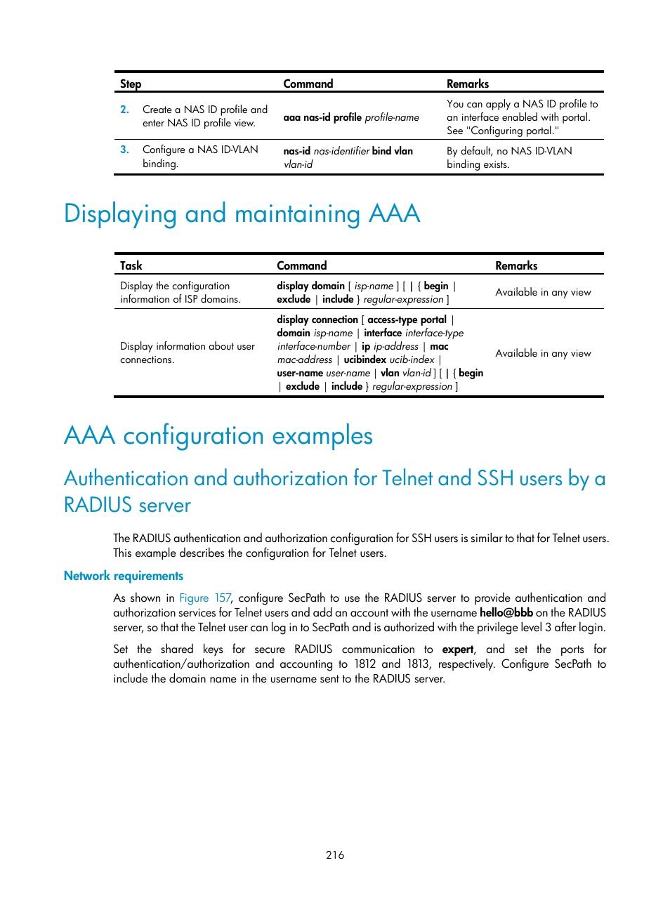 Displaying and maintaining aaa, Aaa configuration examples, Network requirements | H3C Technologies H3C SecPath F1000-E User Manual | Page 226 / 273