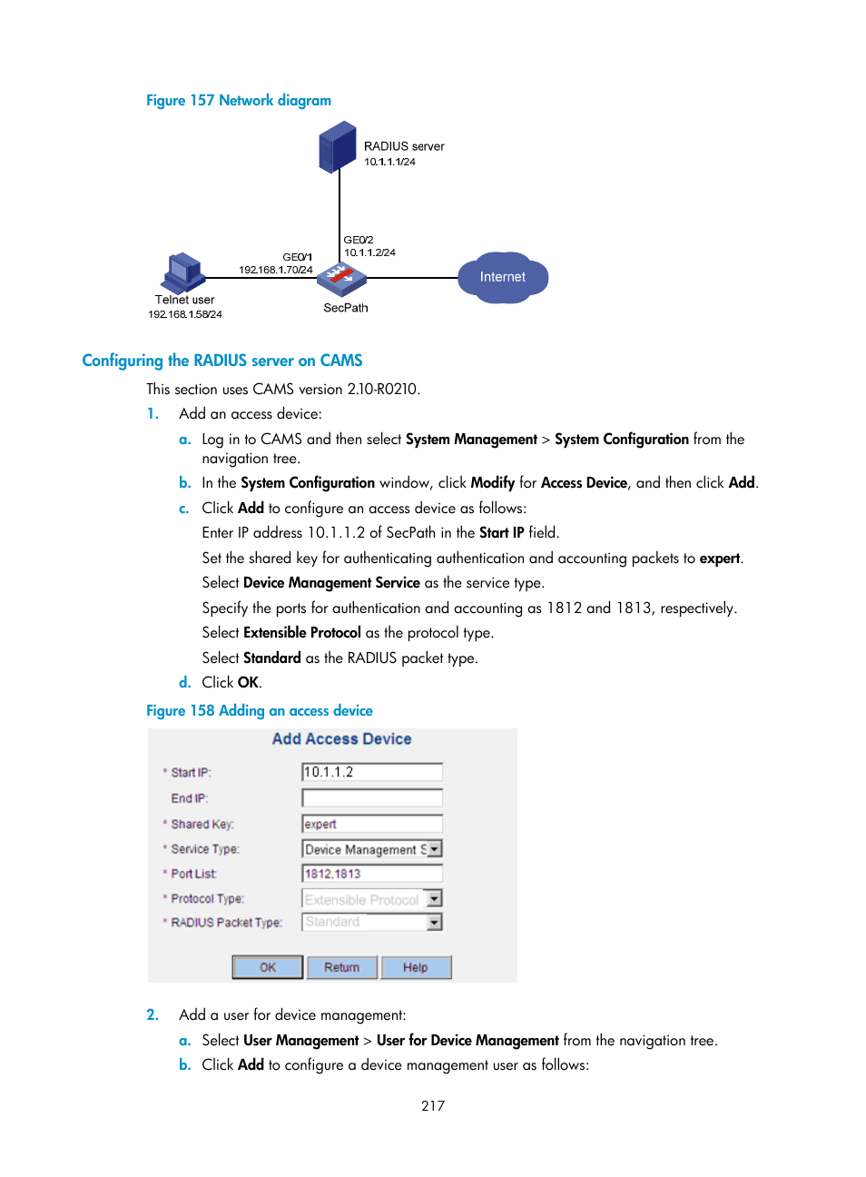 Configuring the radius server on cams | H3C Technologies H3C SecPath F1000-E User Manual | Page 227 / 273