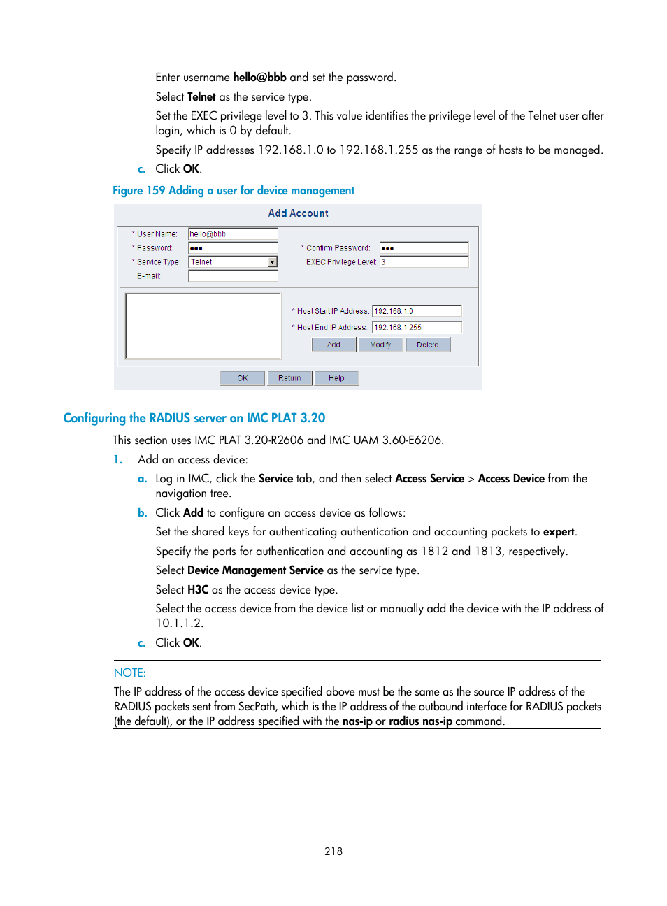 Configuring the radius server on imc plat 3.20 | H3C Technologies H3C SecPath F1000-E User Manual | Page 228 / 273