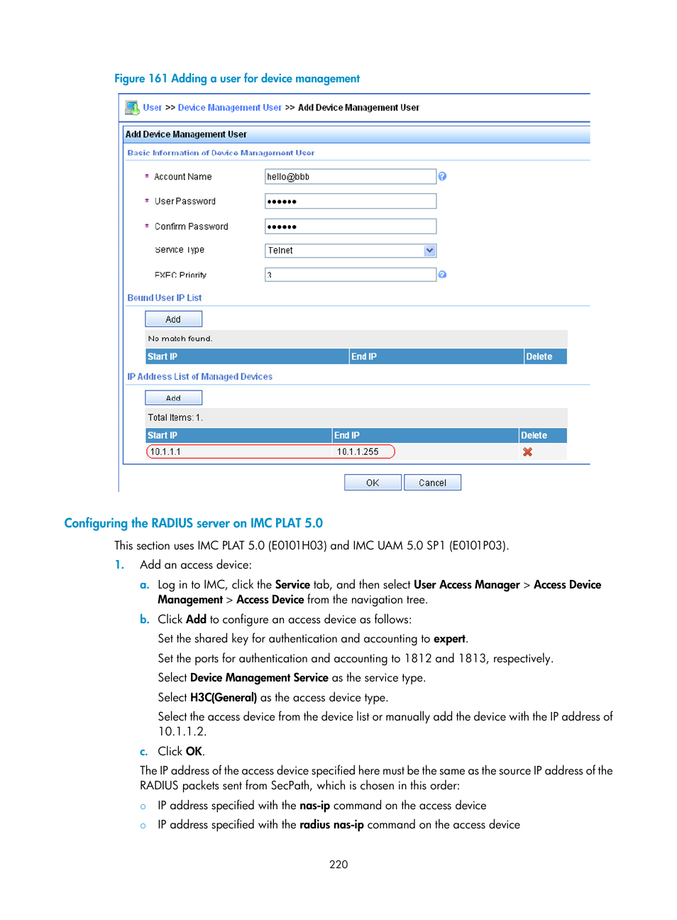 Configuring the radius server on imc plat 5.0 | H3C Technologies H3C SecPath F1000-E User Manual | Page 230 / 273