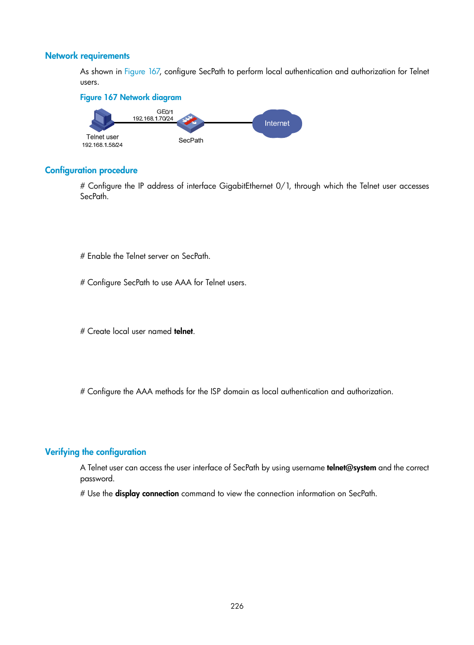 Network requirements, Configuration procedure, Verifying the configuration | H3C Technologies H3C SecPath F1000-E User Manual | Page 236 / 273