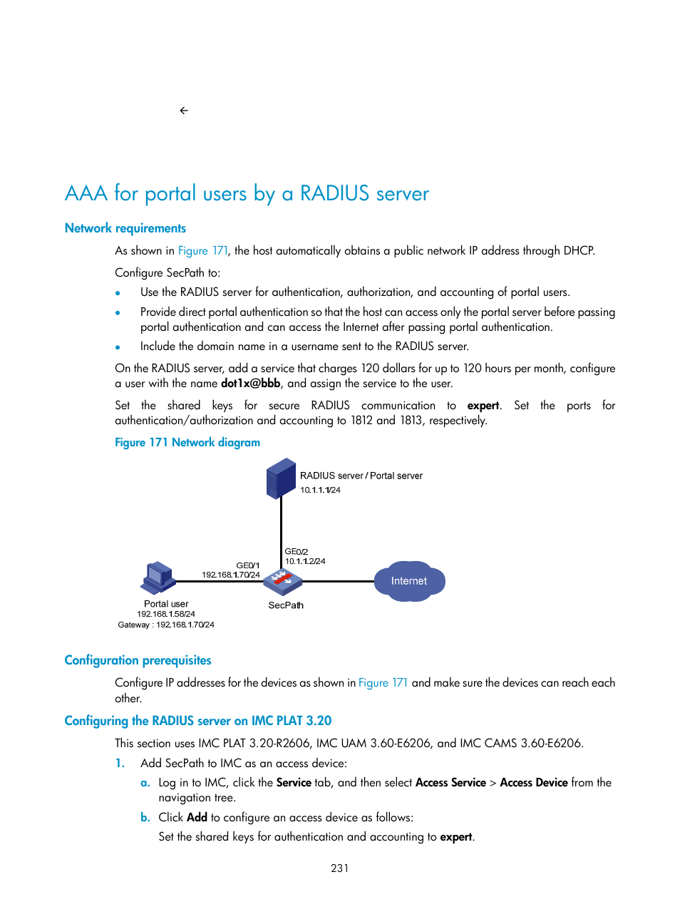 Aaa for portal users by a radius server, Network requirements, Configuration prerequisites | Configuring the radius server on imc plat 3.20 | H3C Technologies H3C SecPath F1000-E User Manual | Page 241 / 273