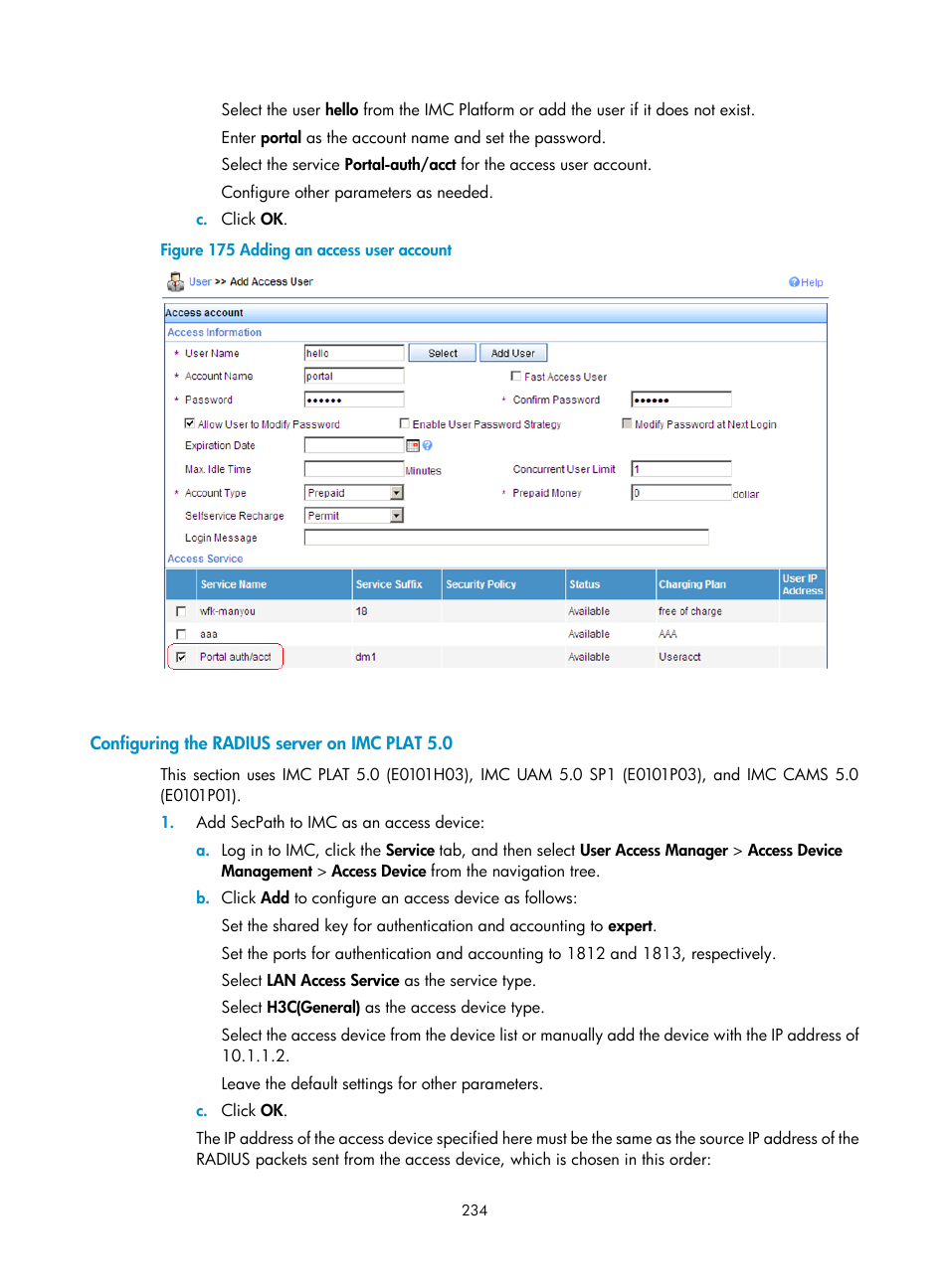 Configuring the radius server on imc plat 5.0 | H3C Technologies H3C SecPath F1000-E User Manual | Page 244 / 273