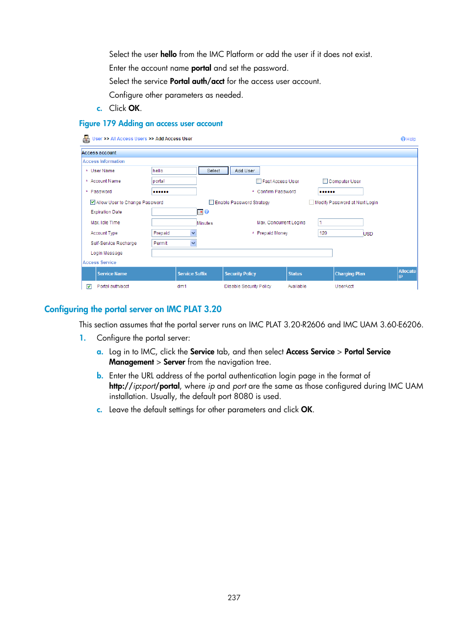 Configuring the portal server on imc plat 3.20 | H3C Technologies H3C SecPath F1000-E User Manual | Page 247 / 273