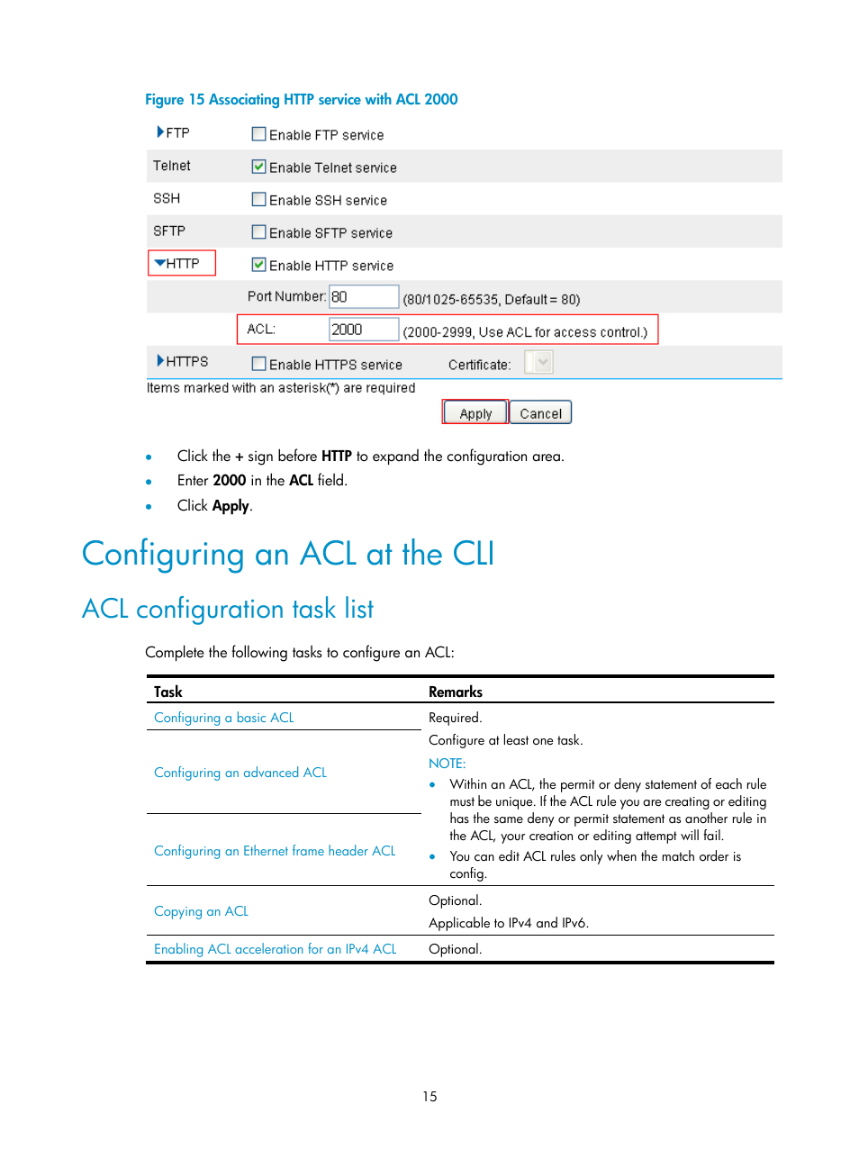 Configuring an acl at the cli, Acl configuration task list | H3C Technologies H3C SecPath F1000-E User Manual | Page 25 / 273