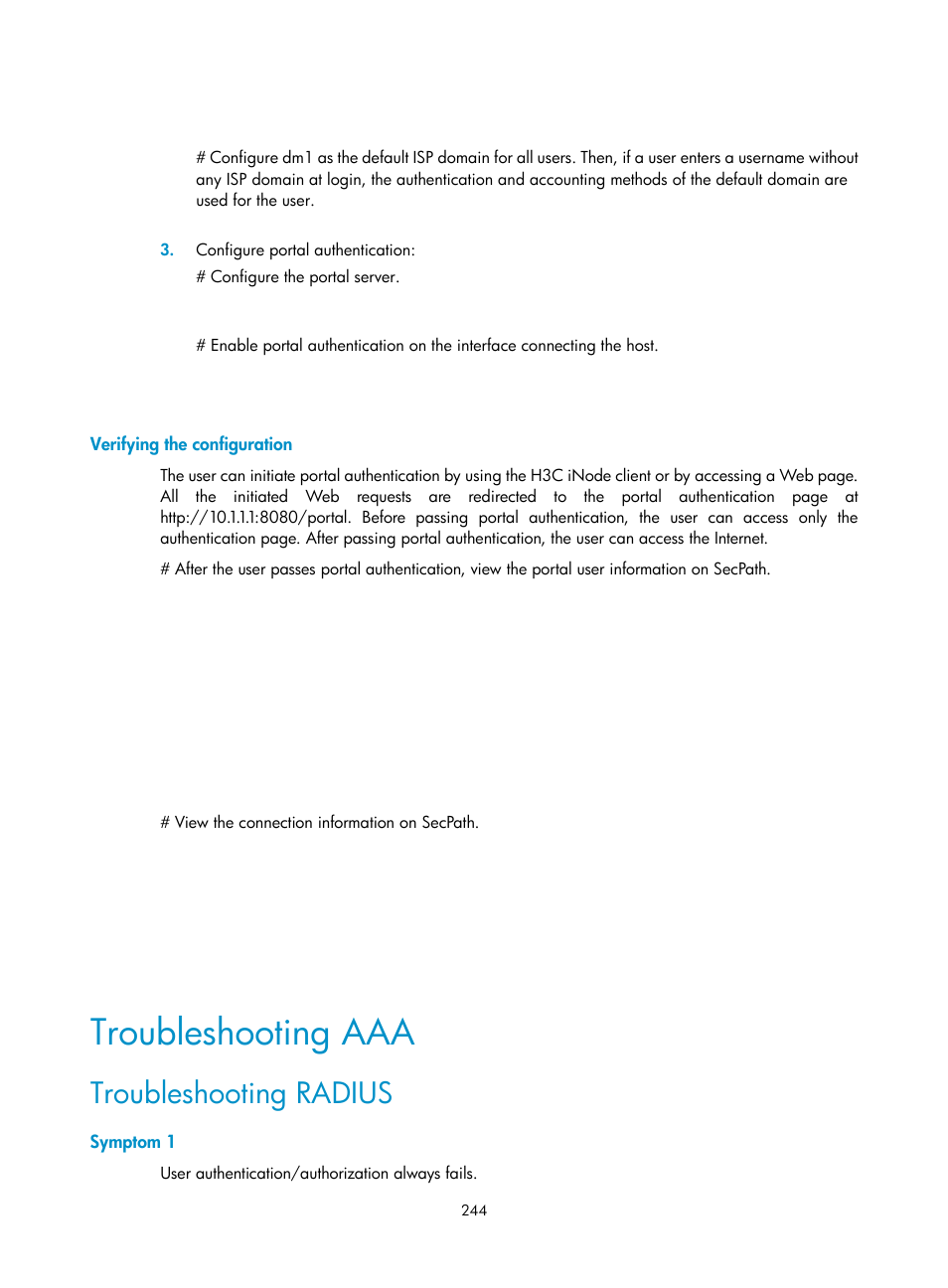 Verifying the configuration, Troubleshooting aaa, Troubleshooting radius | Symptom 1 | H3C Technologies H3C SecPath F1000-E User Manual | Page 254 / 273