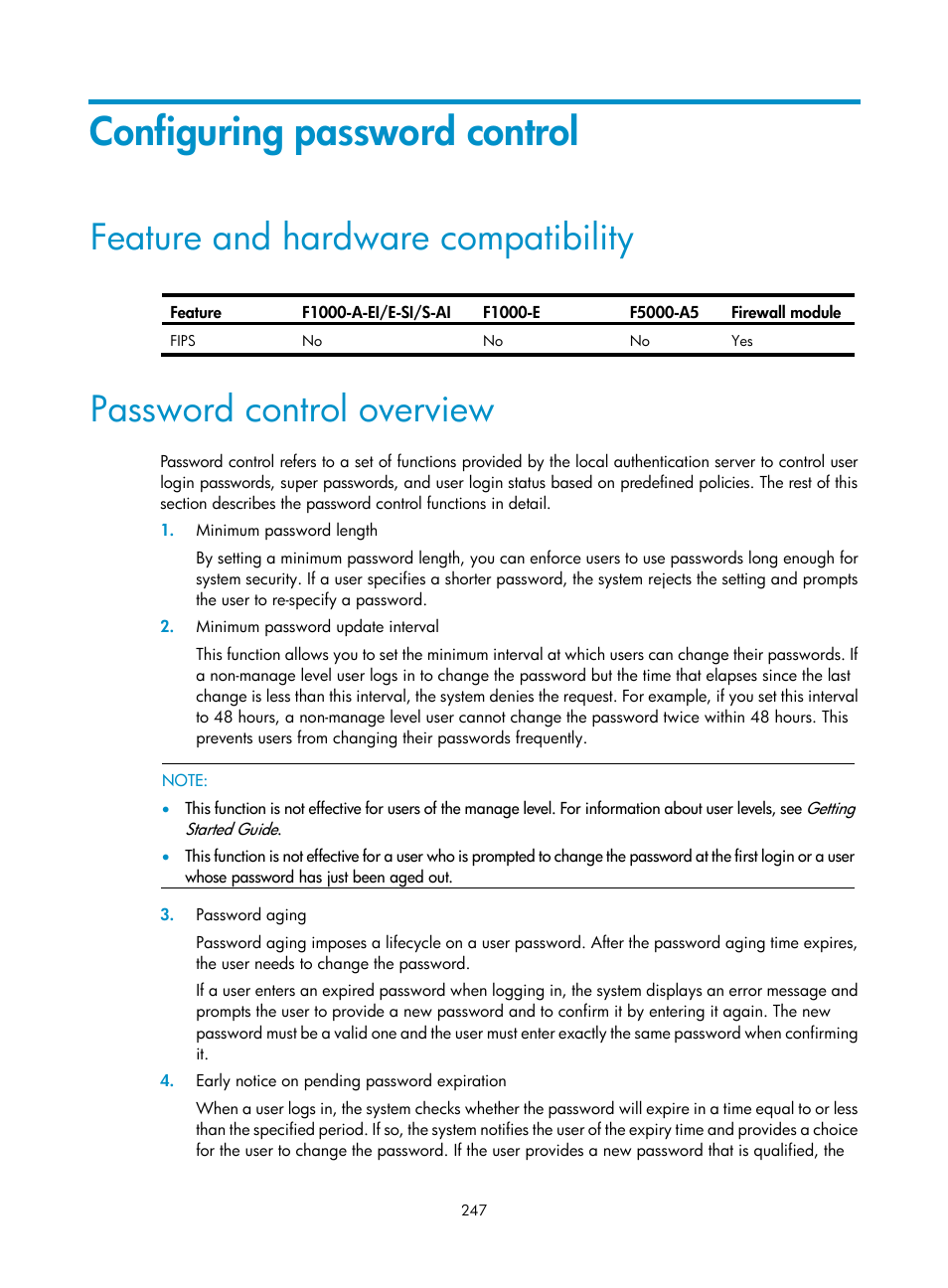 Configuring password control, Feature and hardware compatibility, Password control overview | H3C Technologies H3C SecPath F1000-E User Manual | Page 257 / 273